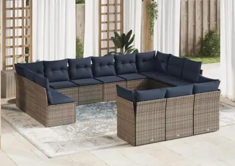 Set mobilier de grădină cu perne, 13 piese, gri, poliratan - 1/3