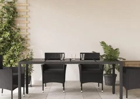 Masă grădină cu blat din sticlă, negru, 190x90x75 cm, poliratan - 3/5