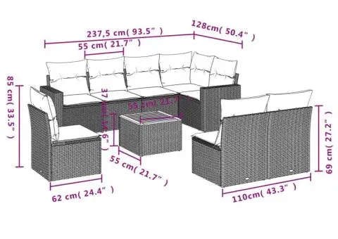 Set canapele de grădină, 9 piese, cu perne, gri, poliratan - 3/3