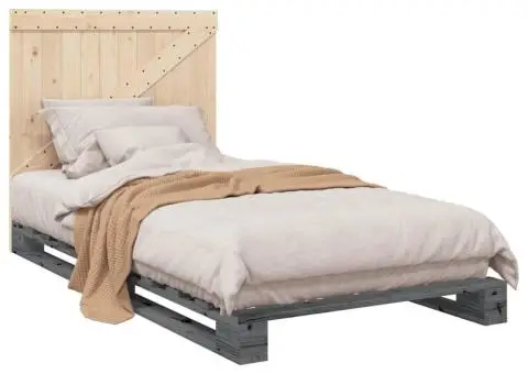 Cadru de pat cu tăblie, gri, 100x200 cm, lemn masiv de pin - 4/5