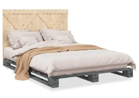 Cadru de pat cu tăblie, gri, 140x200 cm, lemn masiv de pin - 2/5