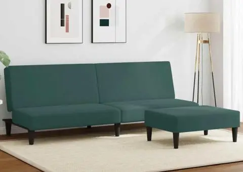 Canapea extensibilă cu taburet, 2 locuri, verde închis, catifea - 1/5