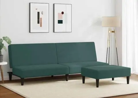 Canapea extensibilă cu taburet, 2 locuri, verde închis, catifea - 3/5