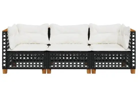 Canapea de grădină cu perne, 3 locuri, negru, poliratan - 4/5