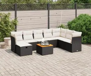 vidaXL Set mobilier de grădină cu perne, 9 piese, negru, poliratan