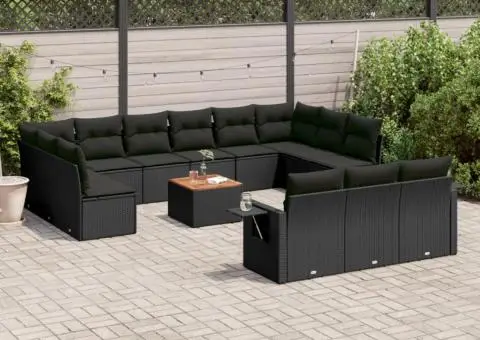 Set mobilier de grădină cu perne, 14 piese, negru, poliratan - 1/3