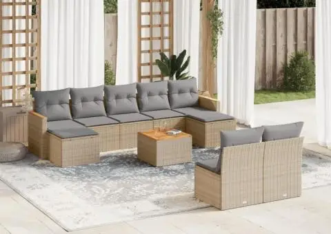 Set canapele de grădină, 10 piese, cu perne, bej, poliratan - 1/5