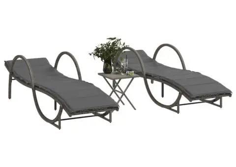 Șezlonguri, 2 buc., cu masă, gri, poliratan - 1/5