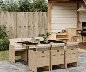 vidaXL Set de masă pentru grădină, 7 piese, cu perne, bej, poliratan