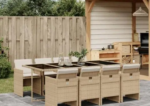 Set de masă pentru grădină, 9 piese, cu perne, bej, poliratan - 1/5