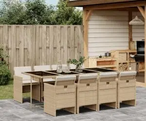 vidaXL Set de masă pentru grădină, 9 piese, cu perne, bej, poliratan