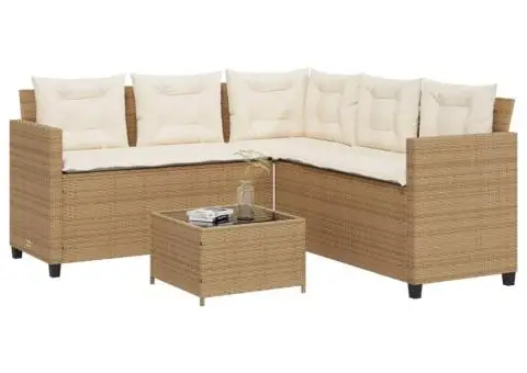 Canapea de grădină cu masă/perne, formă de L, poliratan bej - 1/5