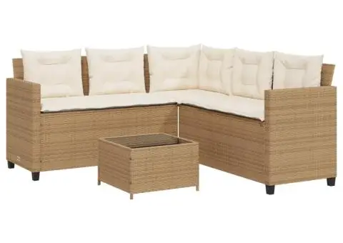 Canapea de grădină cu masă/perne, formă de L, poliratan bej - 2/5