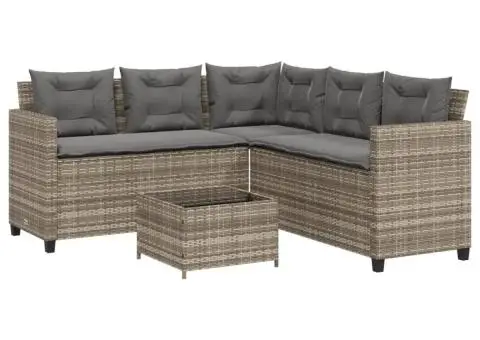 Canapea de grădină cu masă/perne, formă de L, poliratan gri - 2/5