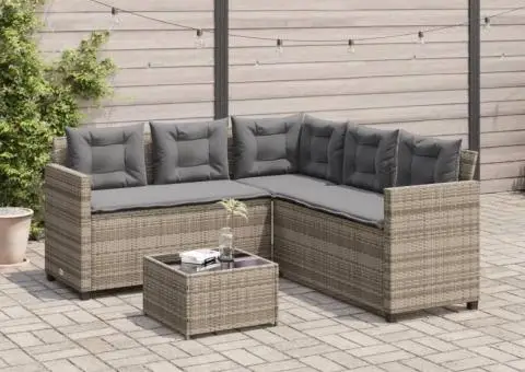 Canapea de grădină cu masă/perne, formă de L, poliratan gri - 3/5