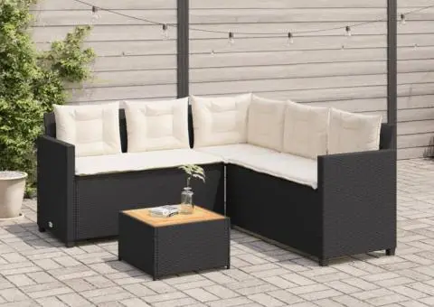 Canapea de grădină cu masă/perne, formă de L, poliratan negru - 3/5