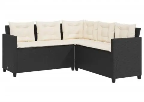 Canapea de grădină cu masă/perne, formă de L, poliratan negru - 5/5