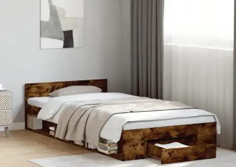 Cadru pat cu sertar stejar fumuriu, 90x200 cm, lemn prelucrat - 1/5