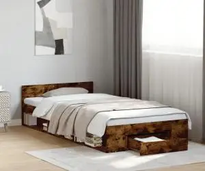 vidaXL Cadru pat cu sertar stejar fumuriu, 90x200 cm, lemn prelucrat