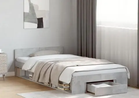 Cadru de pat cu sertar, gri beton, 100x200 cm, lemn prelucrat - 1/5