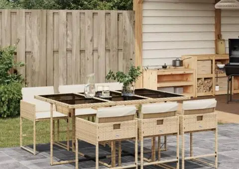 Set de masă pentru grădină, 7 piese, cu perne, bej, poliratan - 1/5