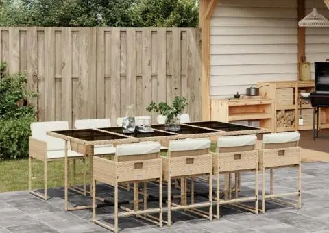 Set de masă pentru grădină, 9 piese, cu perne, bej, poliratan - 1/5