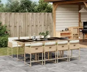 vidaXL Set de masă pentru grădină, 9 piese, cu perne, bej, poliratan