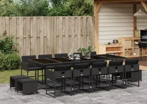 Set mobilier de grădină cu perne, 15 piese, negru, poliratan - 1/5