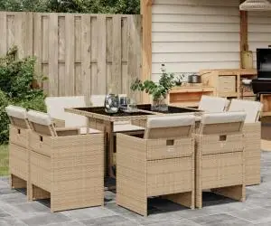 vidaXL Set de masă pentru grădină, 9 piese, cu perne, bej, poliratan