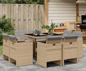 vidaXL Set de masă pentru grădină, 9 piese, cu perne, bej, poliratan