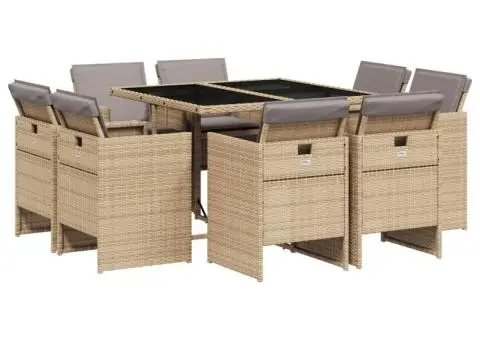 Set de masă pentru grădină, 9 piese, cu perne, bej, poliratan - 2/5