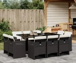 vidaXL Set mobilier de exterior cu perne, 11 piese, negru, poliratan