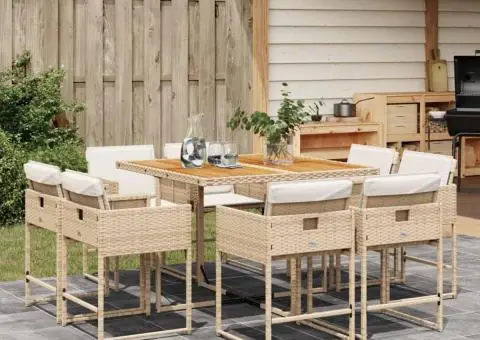 Set de masă pentru grădină, 9 piese, cu perne, bej, poliratan - 1/5