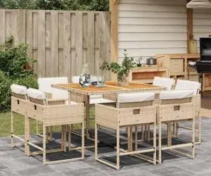 vidaXL Set de masă pentru grădină, 9 piese, cu perne, bej, poliratan