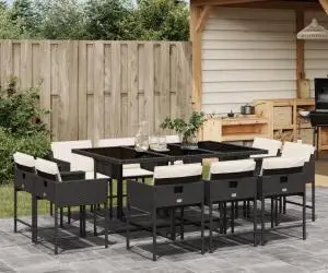 vidaXL Set mobilier de exterior cu perne, 11 piese, negru, poliratan