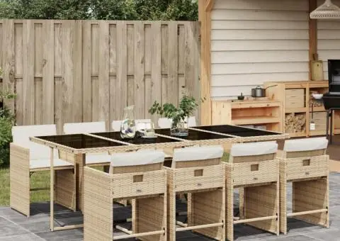 Set de masă pentru grădină, 9 piese, cu perne, bej, poliratan - 1/5