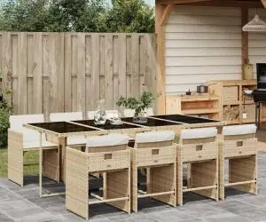 vidaXL Set de masă pentru grădină, 9 piese, cu perne, bej, poliratan