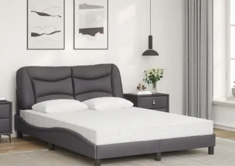 Pat cu saltea, gri, 140x200 cm, piele ecologică - 3/5