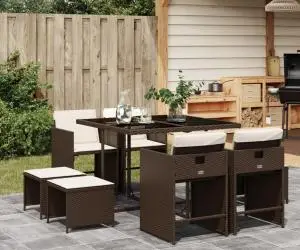 vidaXL Set mobilier de grădină cu perne, 9 piese, maro, poliratan