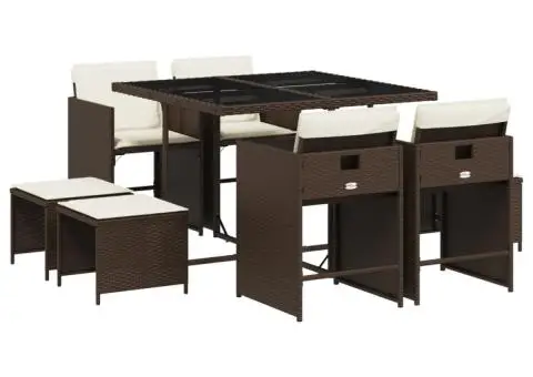 Set mobilier de grădină cu perne, 9 piese, maro, poliratan - 2/5