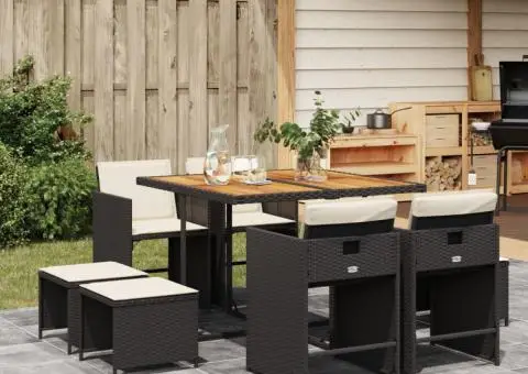 Set mobilier de grădină cu perne, 9 piese, negru, poliratan - 1/5