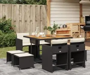 vidaXL Set mobilier de grădină cu perne, 9 piese, negru, poliratan