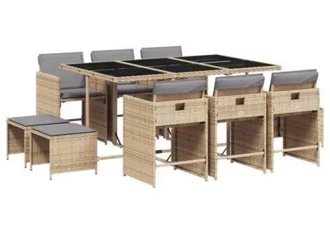 Set mobilier grădină cu perne, 11 piese bej combinat poliratan - 2/5