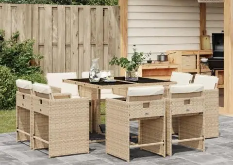 Set de masă pentru grădină, 9 piese, cu perne, bej, poliratan - 1/5