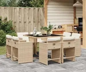 vidaXL Set de masă pentru grădină, 9 piese, cu perne, bej, poliratan