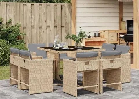 Set de masă pentru grădină, 9 piese, cu perne, bej, poliratan - 1/5