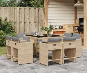 vidaXL Set de masă pentru grădină, 9 piese, cu perne, bej, poliratan