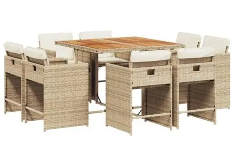 Set de masă pentru grădină, 9 piese, cu perne, bej, poliratan - 2/5