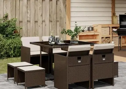 Set mobilier de grădină cu perne, 9 piese, maro, poliratan - 1/5