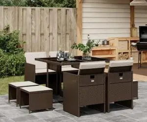 vidaXL Set mobilier de grădină cu perne, 9 piese, maro, poliratan